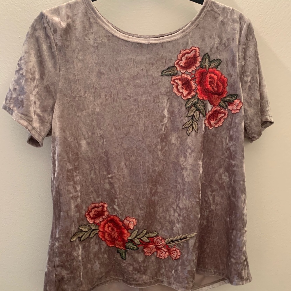 Velvet Tee with Embroidered Roses